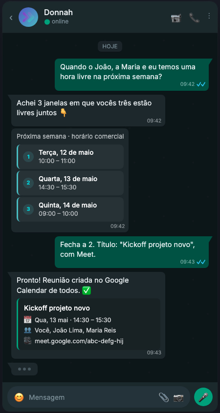 Donnah propondo horários e criando a reunião no Google Calendar via chat