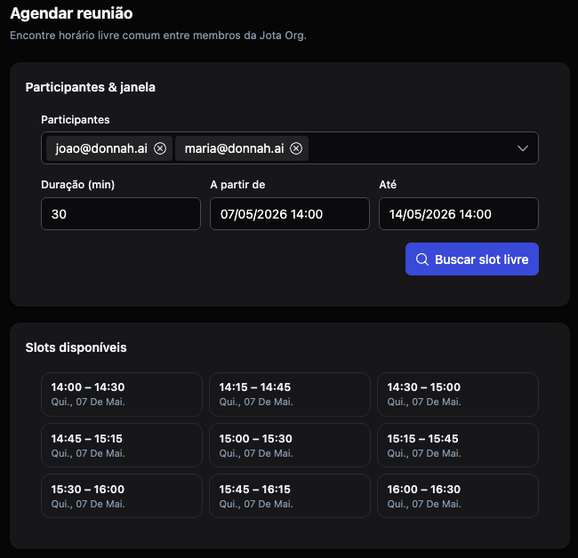 Tela de agendamento com participantes, duração e slots livres em comum