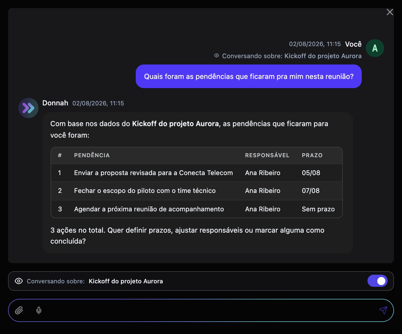 Conversa no chat: a pergunta marcada com a tela aberta e a resposta em tabela