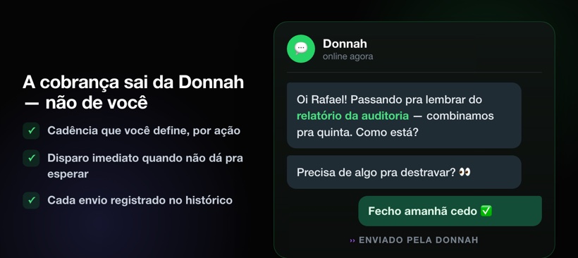A Donnah cobrando o responsável no WhatsApp, com registro no histórico