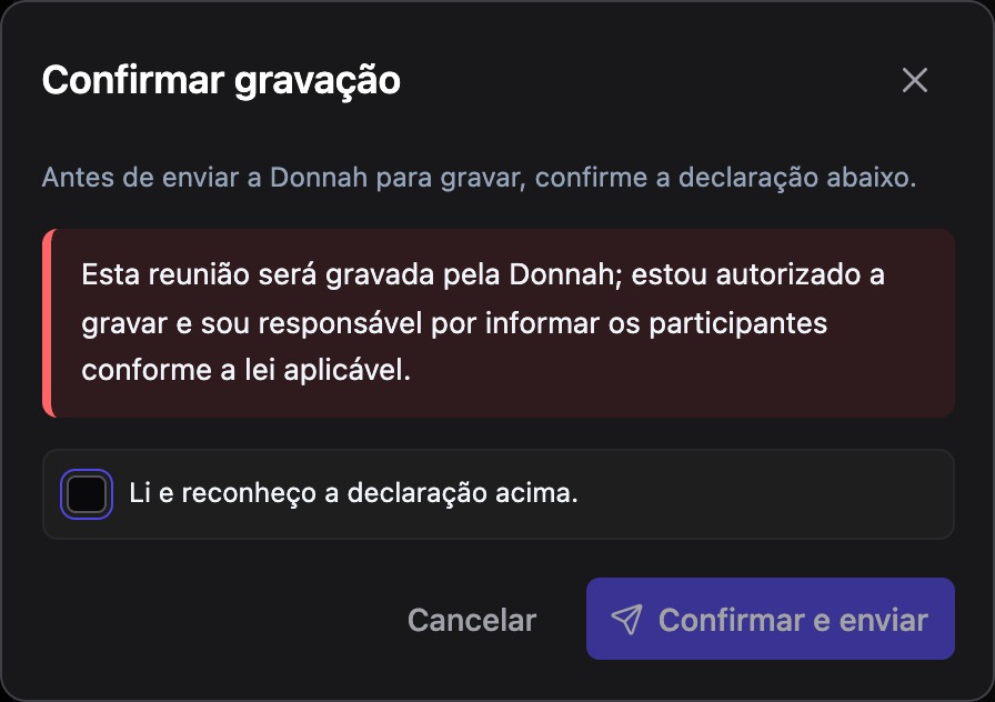 Diálogo Confirmar gravação, com a declaração e a caixa de reconhecimento
