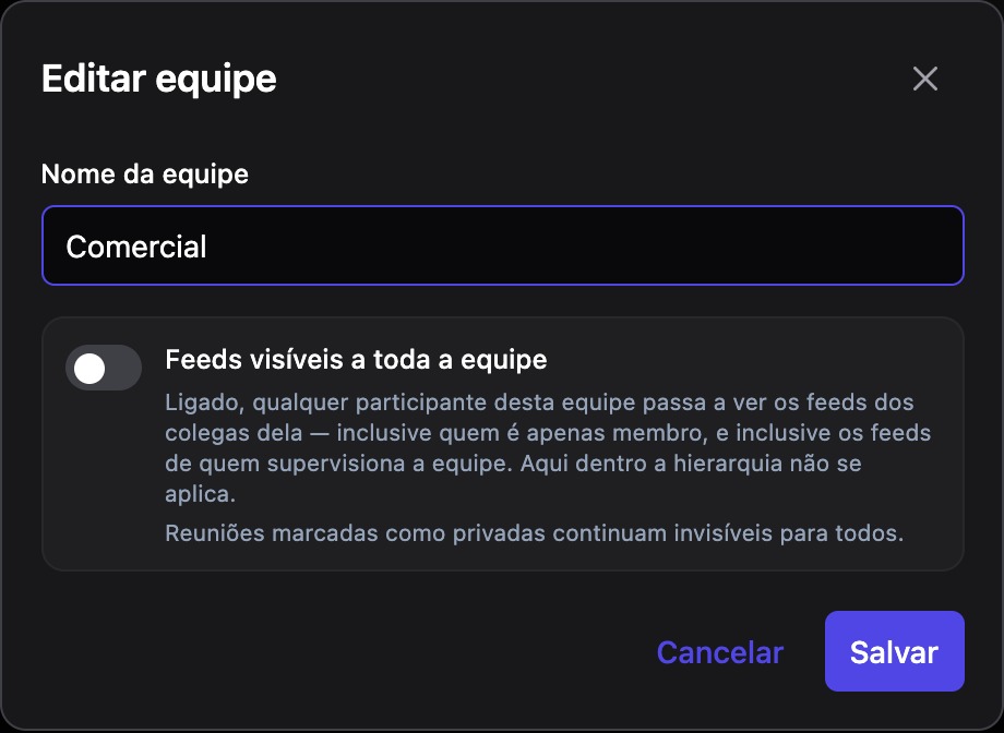 Diálogo da equipe com o interruptor "Feeds visíveis a toda a equipe", desligado por padrão