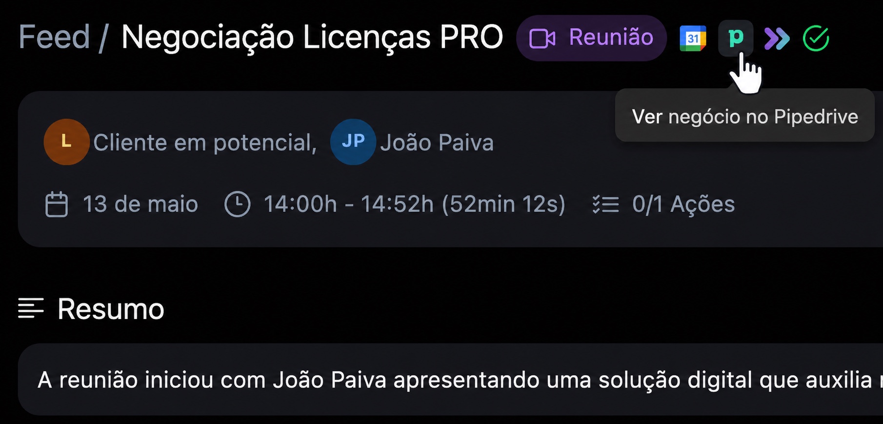 Ícone do Pipedrive no card do feed da Donnah