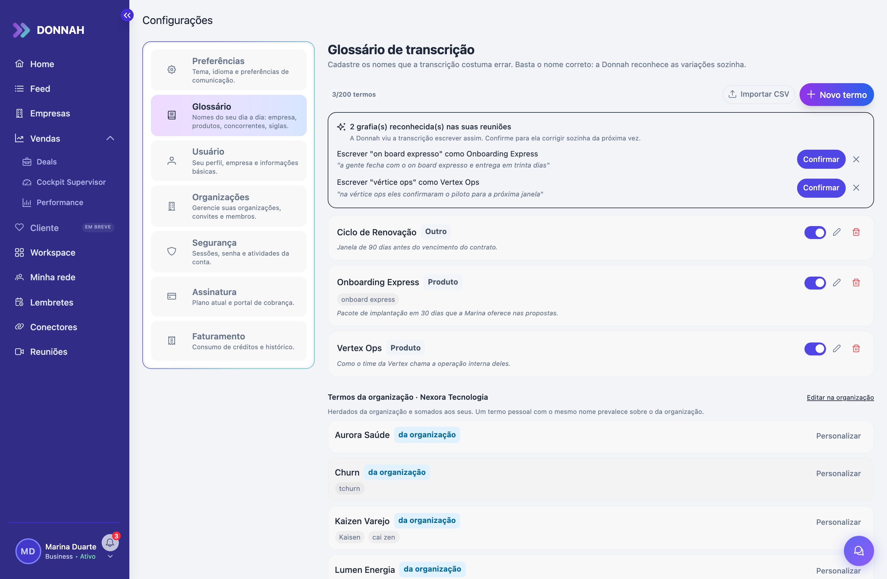 Tela do glossário de transcrição