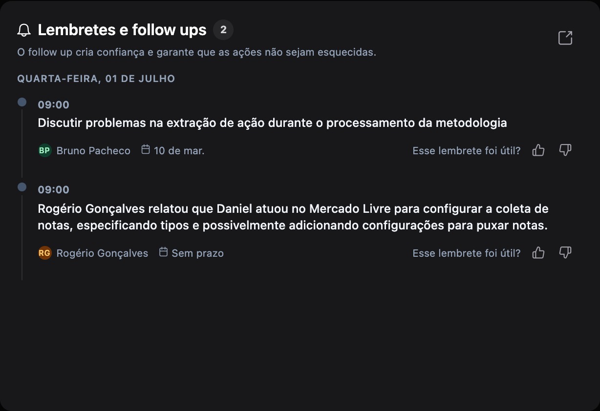 Widget de Lembretes e follow ups em formato de linha do tempo