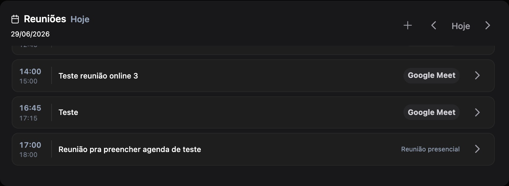 Widget de Reuniões do dia com horários e tipos de reunião