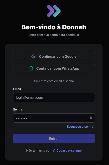 Tela de login com os botões Continuar com Google e Continuar com WhatsApp