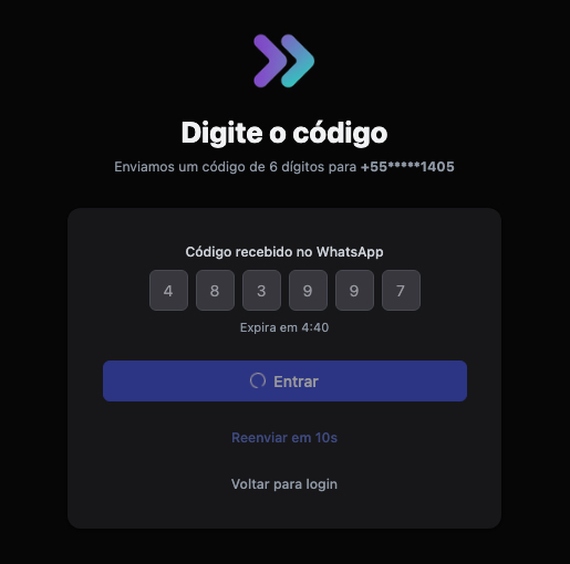 Tela de verificação do código recebido no WhatsApp