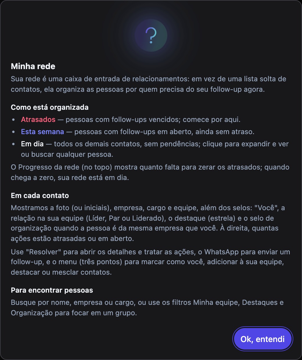 Painel de ajuda explicando o conceito da Minha rede e como ela está organizada