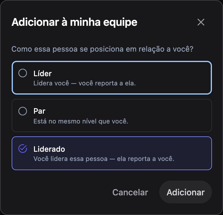 Diálogo "Adicionar à minha equipe" com as opções Líder, Par e Liderado e textos de ajuda