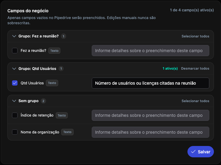 Configuração de campos do negócio no Pipedrive
