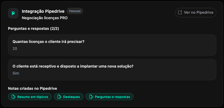 Seção de integração Pipedrive no feed detail da Donnah