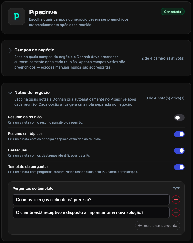 Configuração das notas do negócio no conector Pipedrive