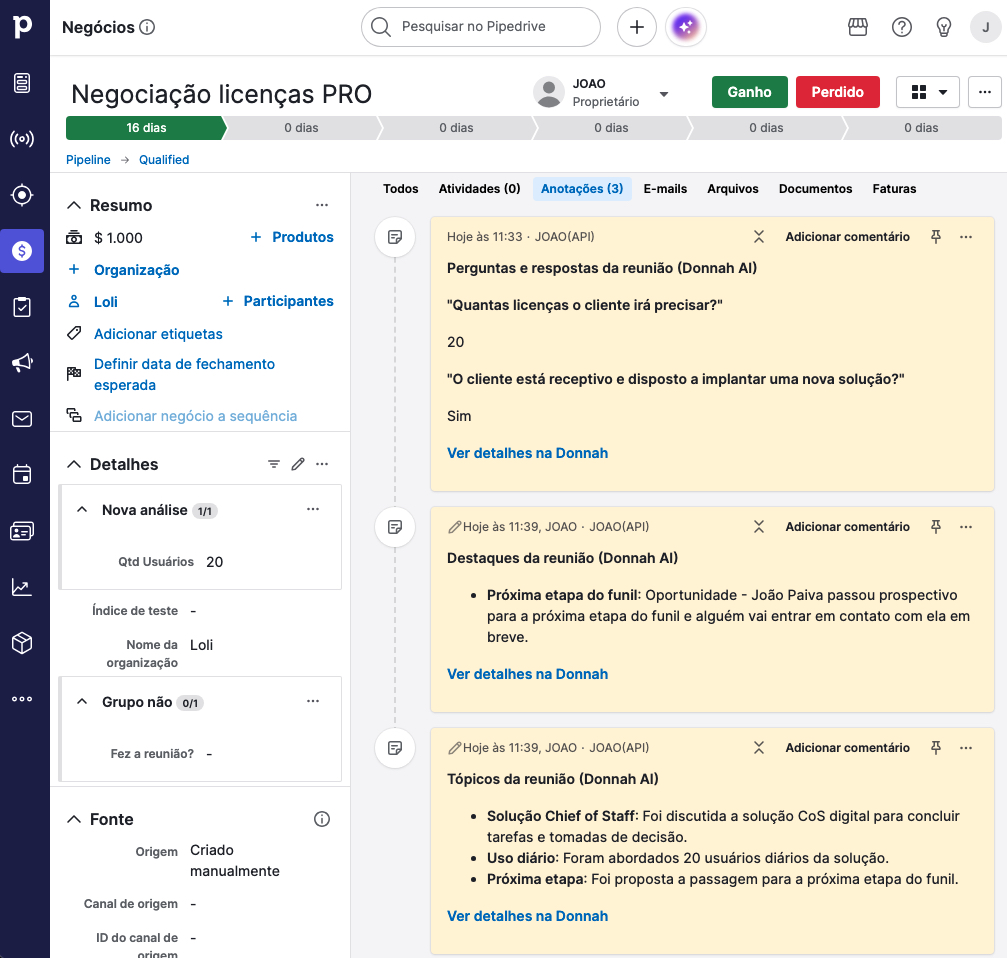 Notas criadas automaticamente no negócio do Pipedrive