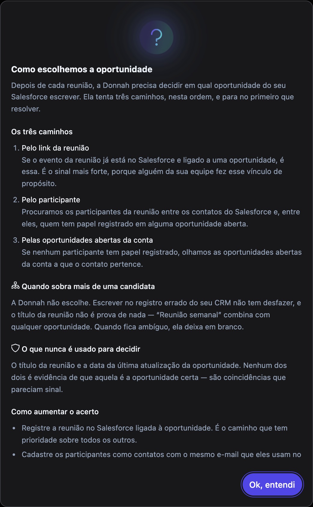 Ajuda explicando como a oportunidade é escolhida