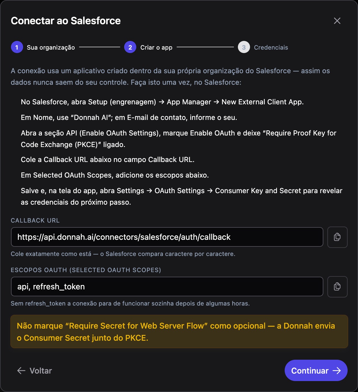 Passo 2 do assistente: instruções, Callback URL e escopos