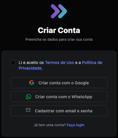 Tela de cadastro com as opções Google, WhatsApp e email