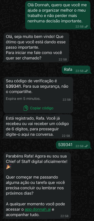 Conversa de cadastro completa via WhatsApp: trigger, nome, código de verificação e confirmação