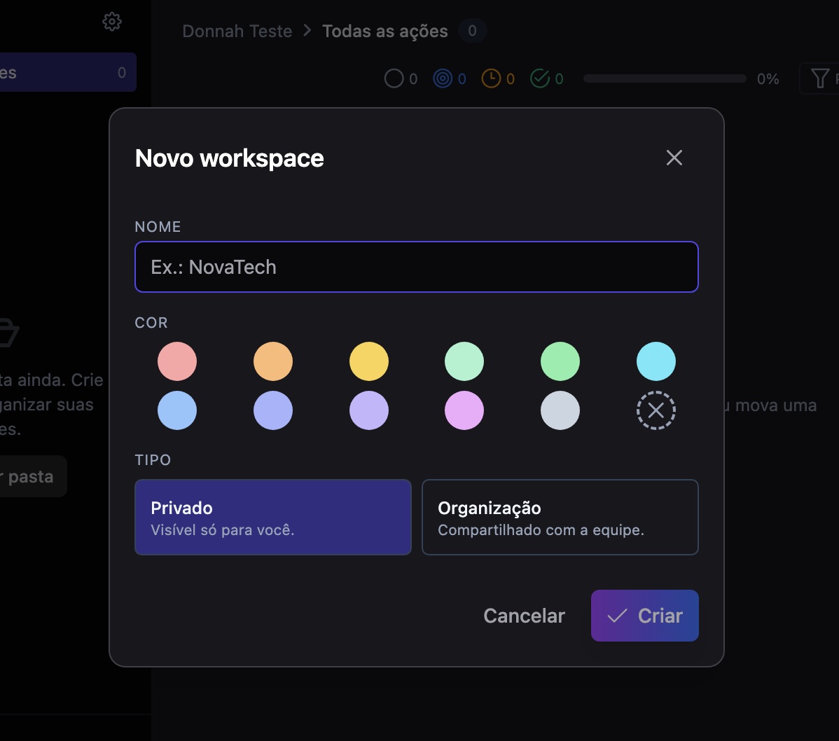 Dialog Novo workspace com seleção de tipo Privado/Organização, cor, e visibilidade Público/Restrito