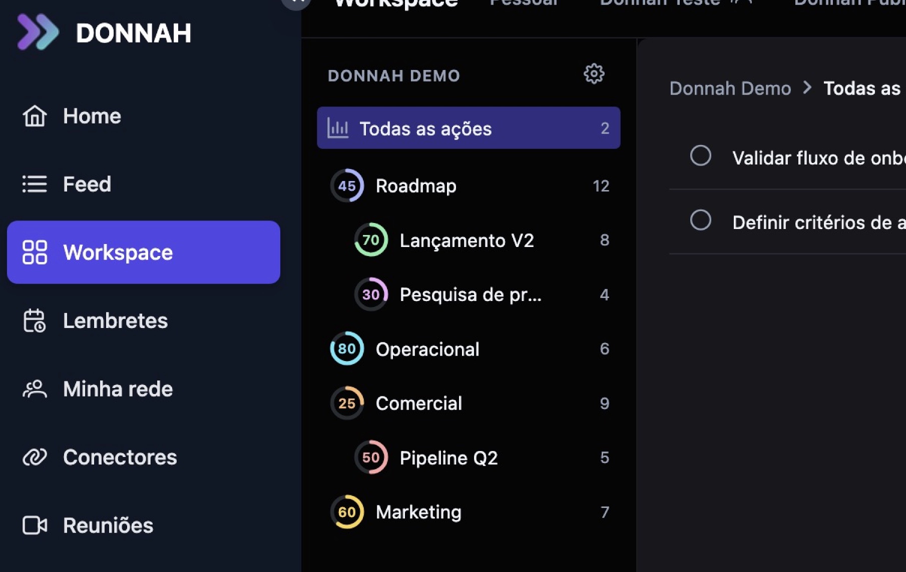 Sidebar de pastas com anéis de progresso coloridos e contadores por pasta