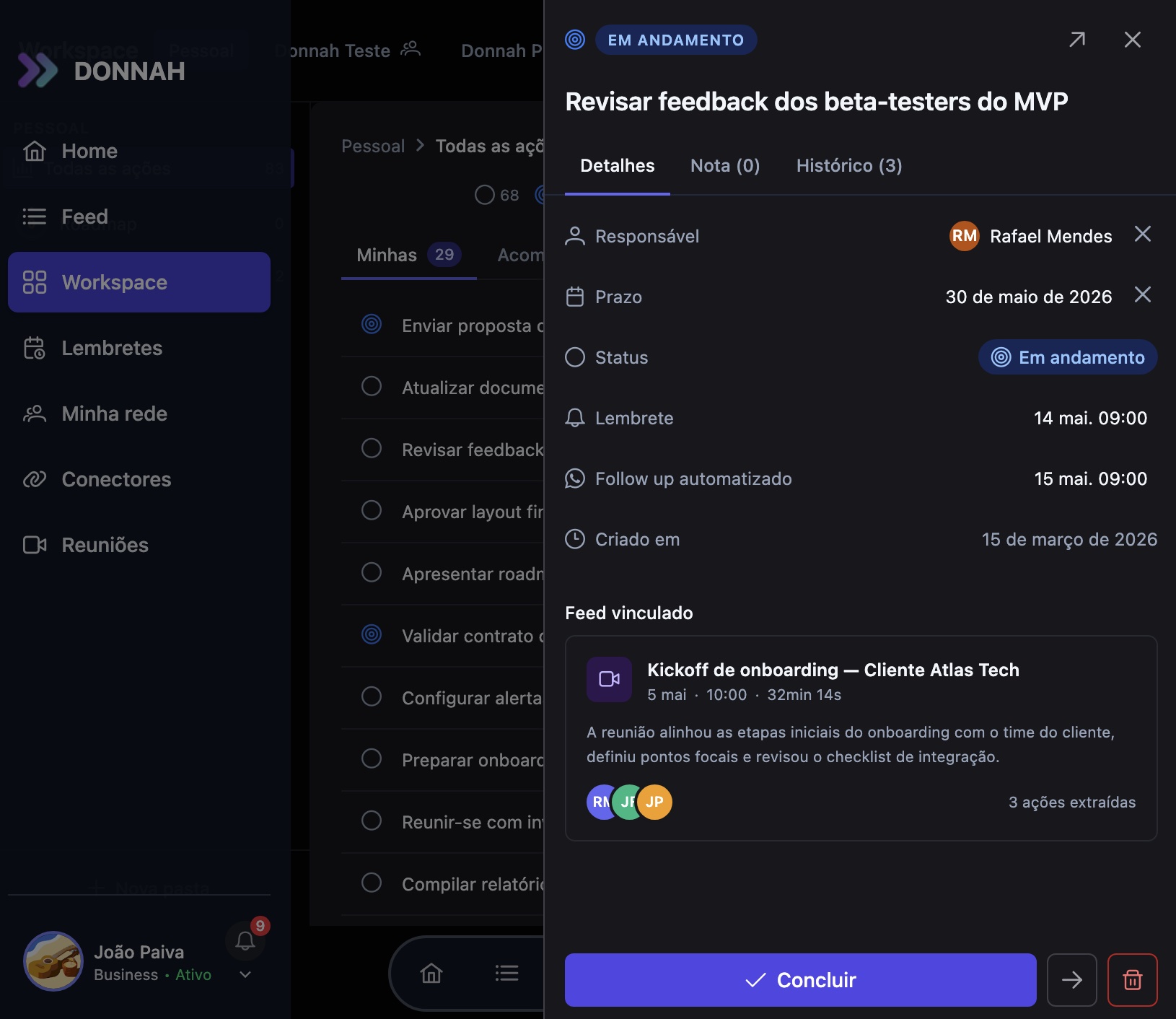 Sidepanel aberto mostrando Responsável, Prazo, Status, Lembrete, Follow up automatizado e Histórico